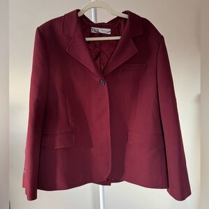 Zara Women's Burgundy Buttoned Tailored Blazer - XXL could be worn Oversized